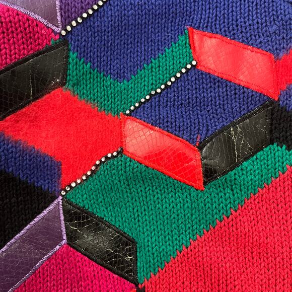 Vintage 80s Sweater Small Leather Angora Geometric Color Block Funky Retro - Picture 8 of 10